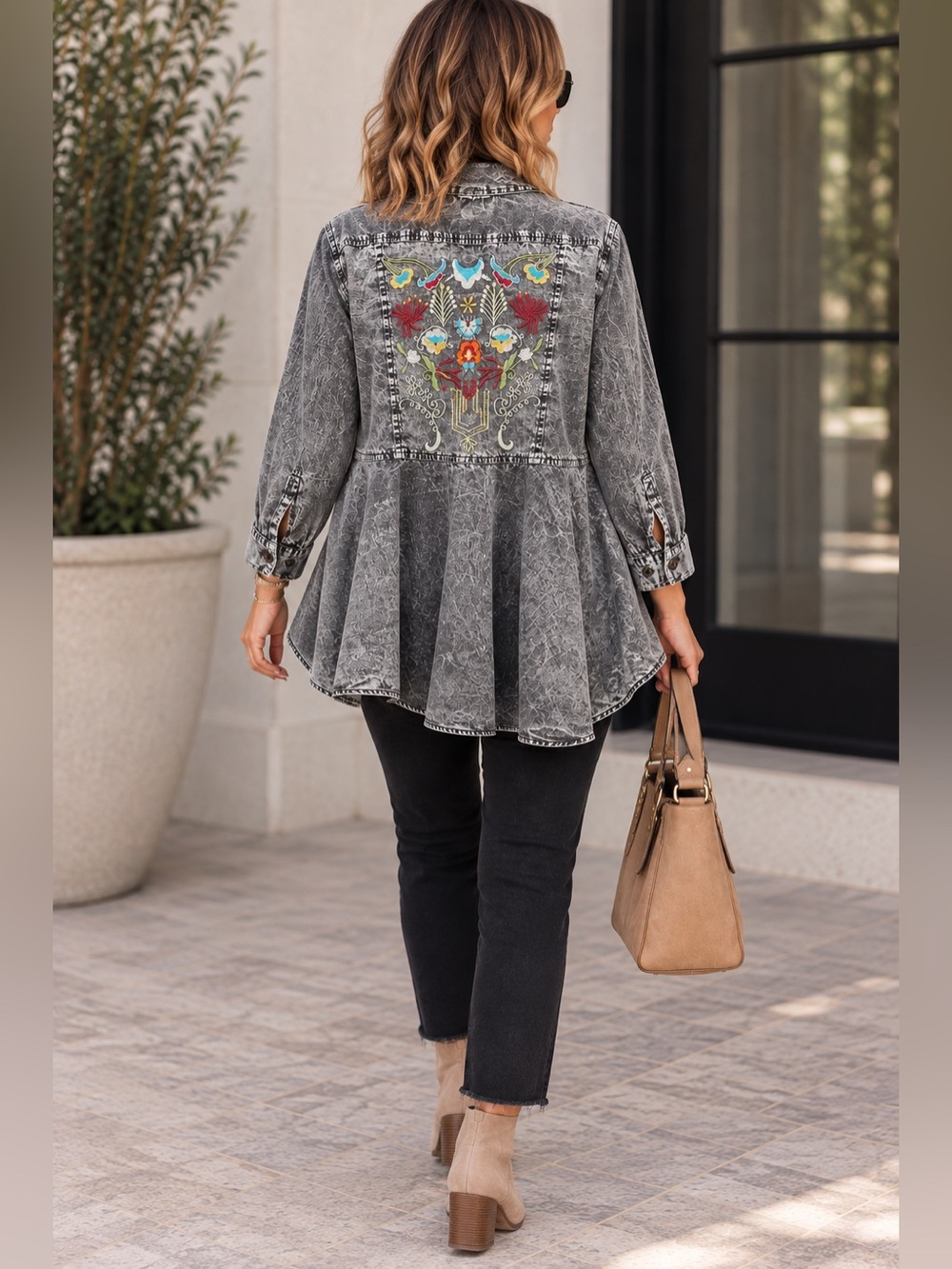 Nostalgia Gray Acid Wash Embroidered Floral High Low Denim Tunic Large